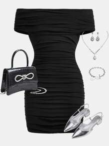 SHEIN Girlism Teen Girl Elegant Off-Shoulder Ruched Waist Dress - Black - View 1