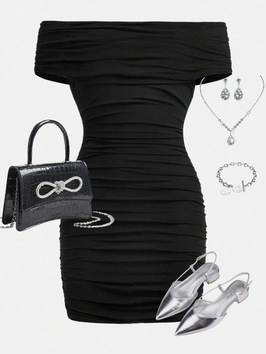 SHEIN Girlism Teen Girl Elegant Off-Shoulder Ruched Waist Dress - Black - View 1