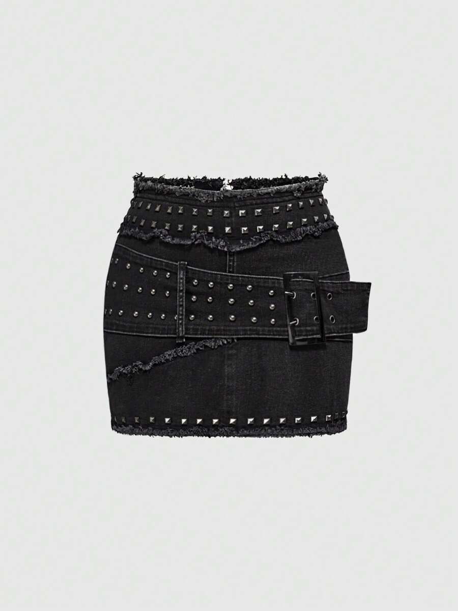 ROMWE Grunge Punk Váy denim mini cạp thấp cho nữ có đai lưng trang trí bằng đinh tán kim loại - Màu xám đen - Xem 1