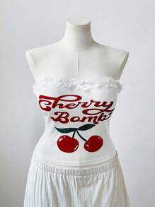 Sunspun Plus Size Women Cherry & Letter Print Ruffle Hem Crop Top Vacation - White - View 4