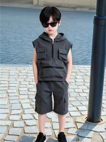 2pcs Set Young Boy Plain Hoodie And Shorts - Grey - View 8