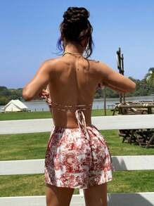 Muchica Printed Woven Women's Bandeau Jumpsuit, New Arrival Beach Vacation - Rust Brown - View 5