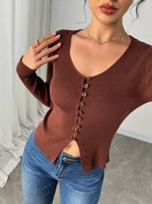 INAWLY Solva V 领单排扣纯色针织开衫，简约时尚休闲日常穿着 - 棕色 - 查看 6