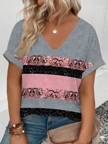 SHEIN Women's Casual V-Neck Short Sleeve Roll Sleeve Multicolor Ombre Print Plus Size T-Shirt - Multicolor - View 4