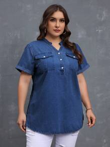 EMERY ROSE Plus Size Women V-Neck Short Sleeve Button Half Front Placket Casual Denim Top - Medium Wash - View 3