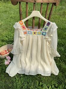 DAZY Blusa casual y elegante de mujer con bordado, manga larga, cuello cuadrado y crochet, para primavera/verano y otoño, top estilo babydoll - Albaricoque - Ver 4