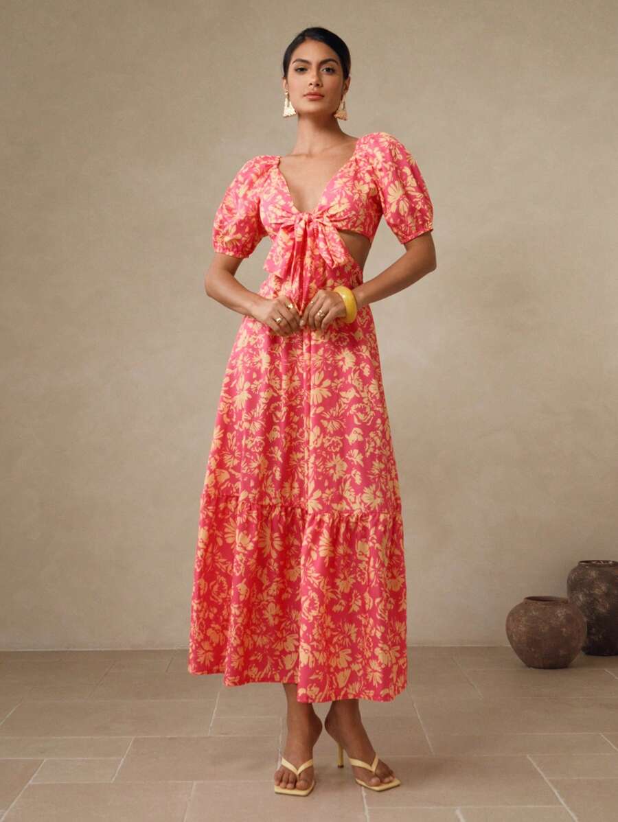 Swim Oasis Women Long Sleeve Front Tie Back Gathered A-Line Print Dress - Hot Pink - View 1
