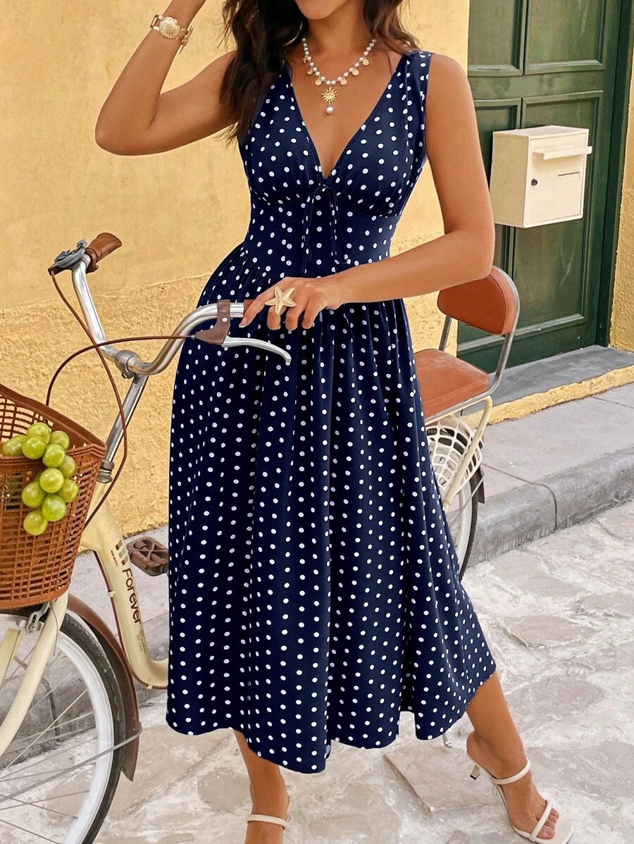 Breezaya Fashion Versatile V-Neck Waisted Sleeveless Midi A-Line Polka Dot Dress For Women - Multicolor - View 1