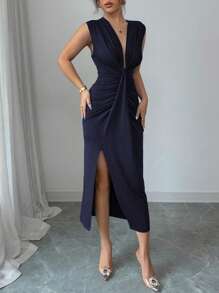 Islaluna Elegant Sleeveless Deep V-Neck Ruched Hem Slit Dress For Women, Spring/Summer