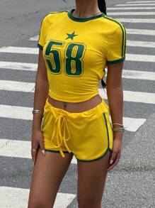 SHEIN EZwear 2 件套女士黄色数字印花短袖 T 恤和短裤运动服