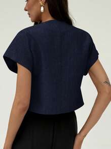 Aloruh Women Simple Single Button Batwing Sleeve Short Sleeve Shirt, Suitable For Commuting In Summer Navy Blue - Navy Blue - View 5