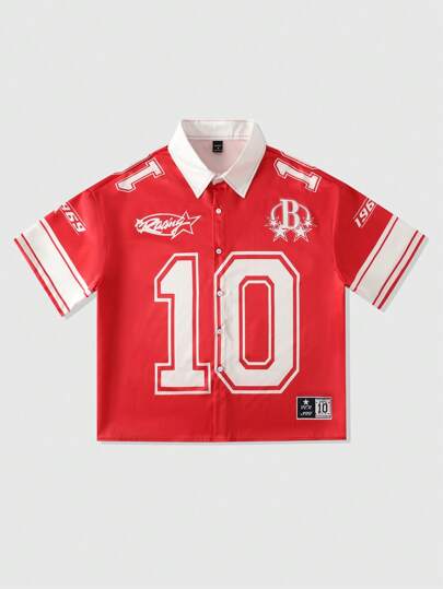 Prep Camicia a maniche corte monopetto con numero stampato in vestibilità ampia e squadrata da uomo