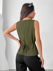 SHEIN EZwear Chaleco de traje de mujer de corte slim en color verde oliva tejido para otoño/invierno - Verde militar - Ver 2