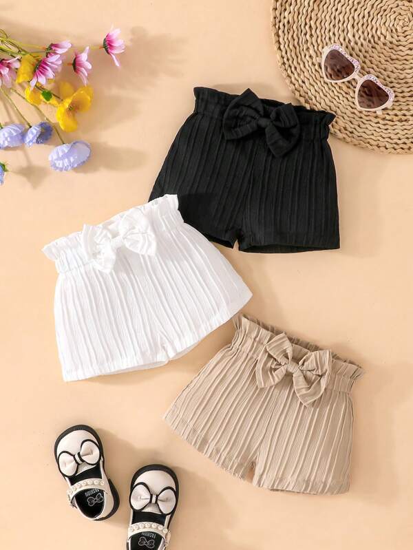 SHEIN Vintaside Kids 3 piezas Shorts casuales de niña bebé con lazo, diseño de rayas ondulado elástico para el verano, multiusos y versátil para exteriores
