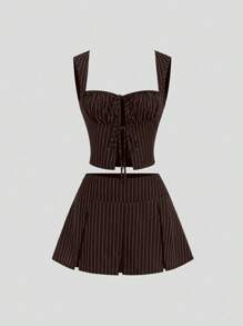 Sweetra Striped Strapless Cropped Tied Top And High Waisted Pleated Skirt 2 Pieces Set - Brown - View 1