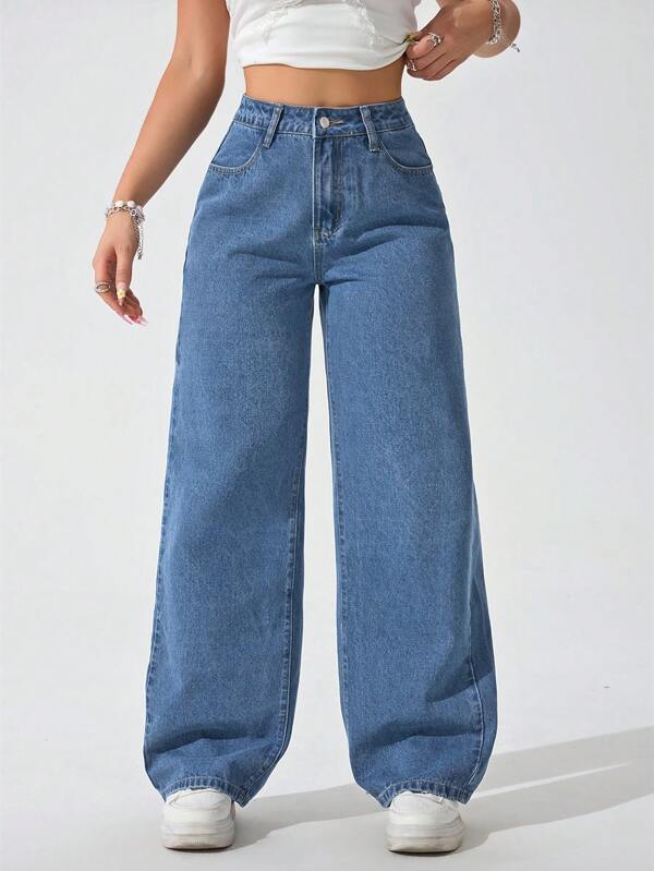 SHEIN PETITE Pantalon en jean casual, ample et polyvalent avec poches, jambe large pour femmes