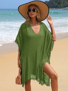 Swim Vcay Vestido cubre con mangas de murciélago y cuello en V de unicolor, atuendo de vacaciones para mujeres - Verde Oliva - Ver 5