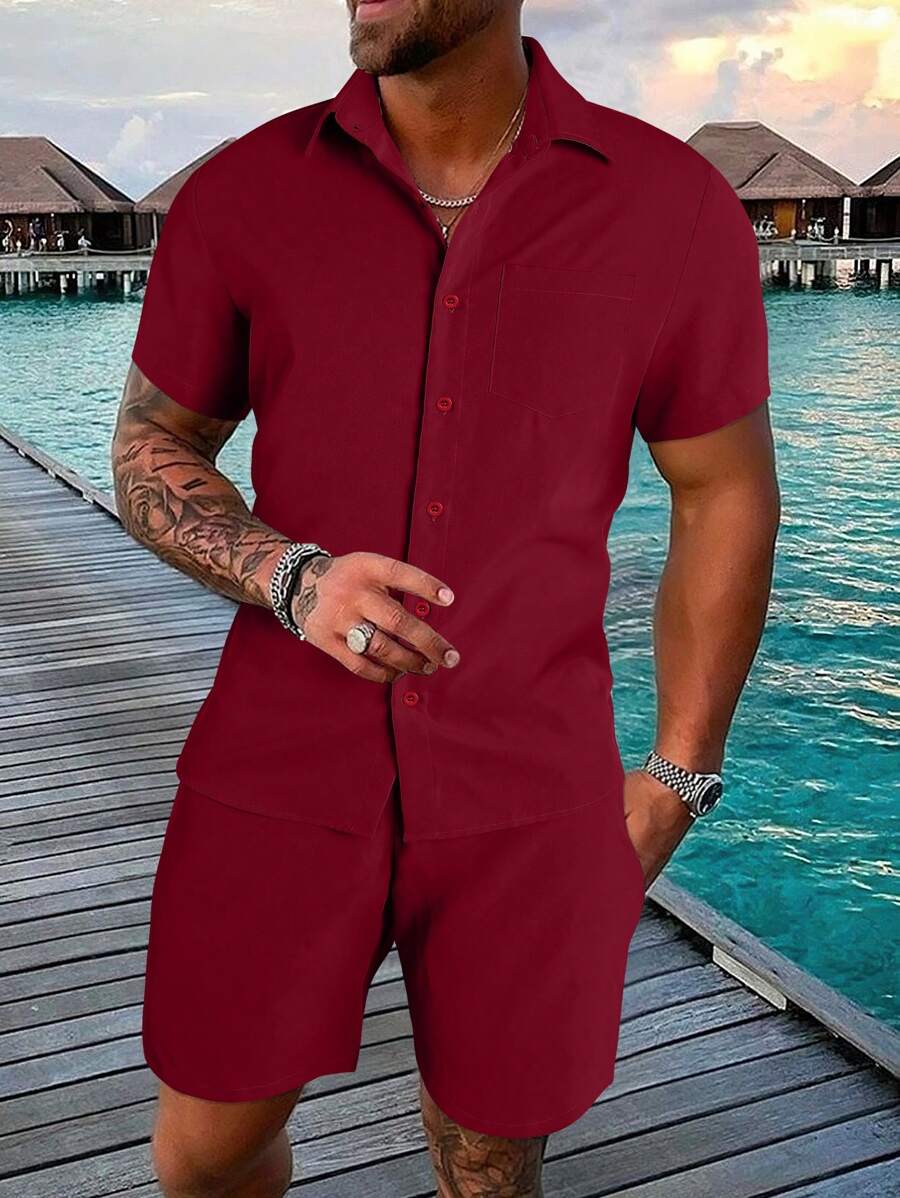 Genlund Loose Men Solid Color Short Sleeve Shirt & Shorts Set - Burgundy - View 1