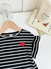 SHEIN Babygirl Cute Striped Heart Print Short Sleeve Knitted Dress, Spring/Summer - Black and White - View 3
