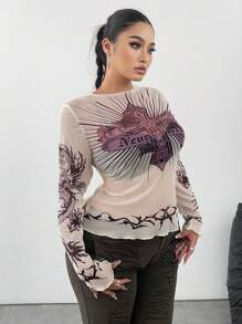POPSWAY Plus Size Women Gothic Rock Dragon Print Mesh See-Through Fitted Base Layer Top, Y2K Baddie Vintage Style Long Sleeve T-Shirt, Spring/Summer - Apricot - View 1