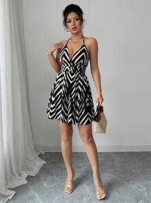 Elenzga Đầm midi đi nghỉ thường ngày hở lưng in họa tiết Bohemian dành cho nữ - Đen và trắng - Xem 3