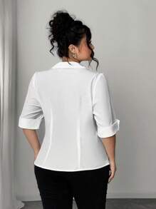 Elenzga Plus Size Soft Woven Fabric V-Neck Lapel Cardigan, Fitted Waist A-Line Hem, 3/4 Sleeves Cuff Turnup, Casual Commuter Shirt - White - View 2