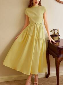 SHEIN DECDS Vestido elegante y retro para mujer, vestido ajustado sin mangas de color amarillo pálido con bajo asimétrico para primavera/verano, atuendo y vestido para el Día de la Madre, vestido de verano - Amarillo claro - Ver 4