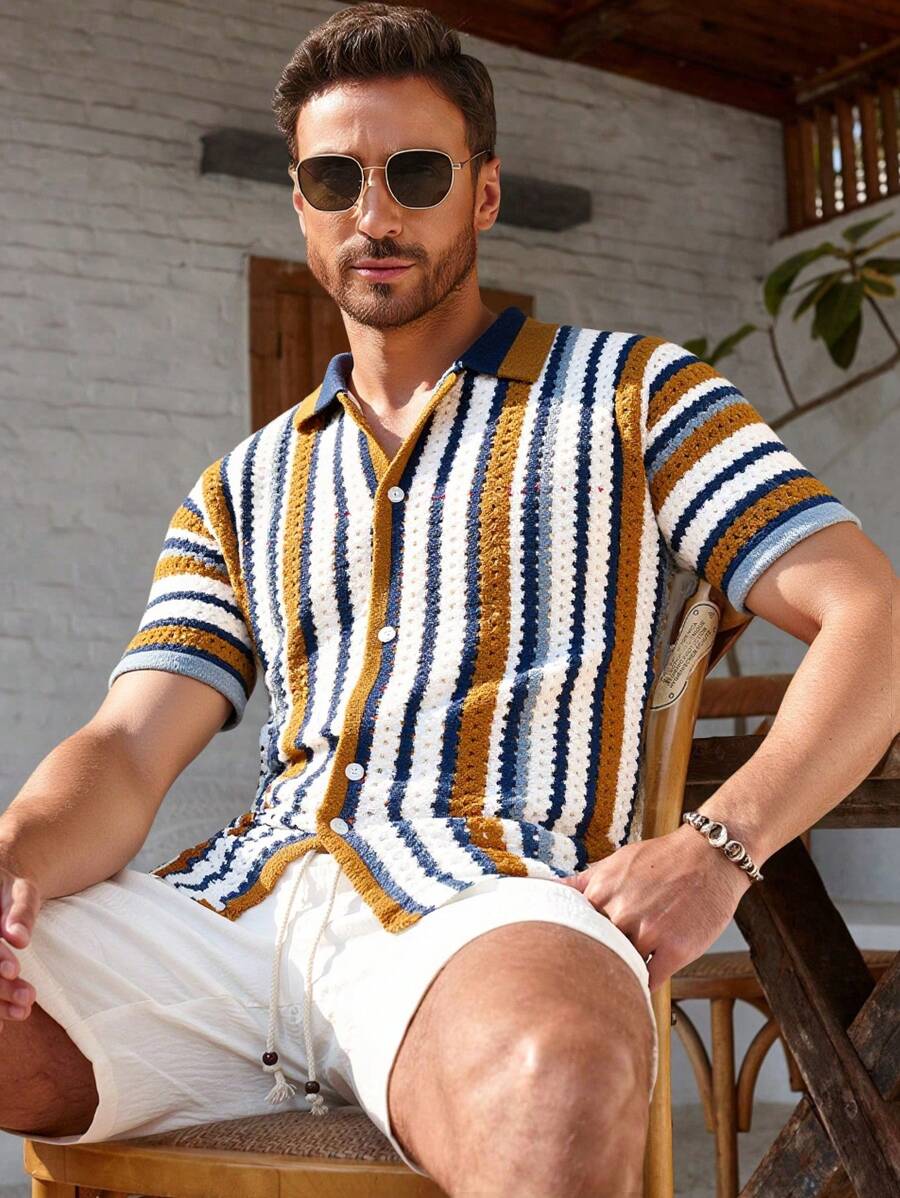 Manfinity Homme 加大码男士针织夏季上衣，时尚百搭 - 彩色 - 查看 1