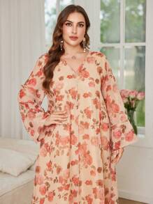 Al Najma Plus Size New Elegant Floral Print Long Sleeve Robe, Modest - Multicolor - View 6