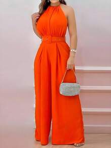 Slaydiva 女式露背吊带宽松连体裤（配腰带） - 橘色 - 查看 3