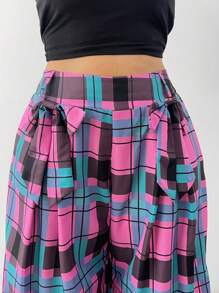Flirla Plaid Color Contrast Waistband Bow Decor Loose Pants - Pink - View 7