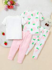 SHEIN 4-Piece Baby Girl Cute Strawberry Print Snug Fit Short Sleeve Top And Pants Pajama Set - Baby Pink - View 2