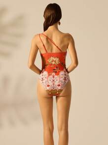 CAJUNI Damen Urlaubs-Einschulter-Badeanzug mit Palmen- und tropischem Blumen Muster in Orange, seitliche Taille mit Hohlräumen und Perlen-Schleife, geeignet für Strand, Date, Urlaub