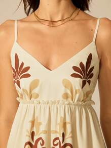 CAJUNI 女士休闲度假海滩棕色印花V领米色细肩带长款连衣裙 - 米色 - 查看 6