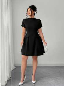 Elenzga Robe mini ajustée élégante à manches courtes en tricot vert avec poche décorée pour femmes de grande taille - Noir - Voir 4