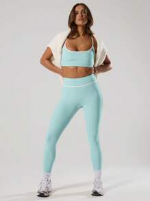 Musera Sport 撞色饰边细肩带运动文胸，适用于板式网球、网球、匹克球等运动，适合健身房锻炼。 - 淺藍色 - 查看 4