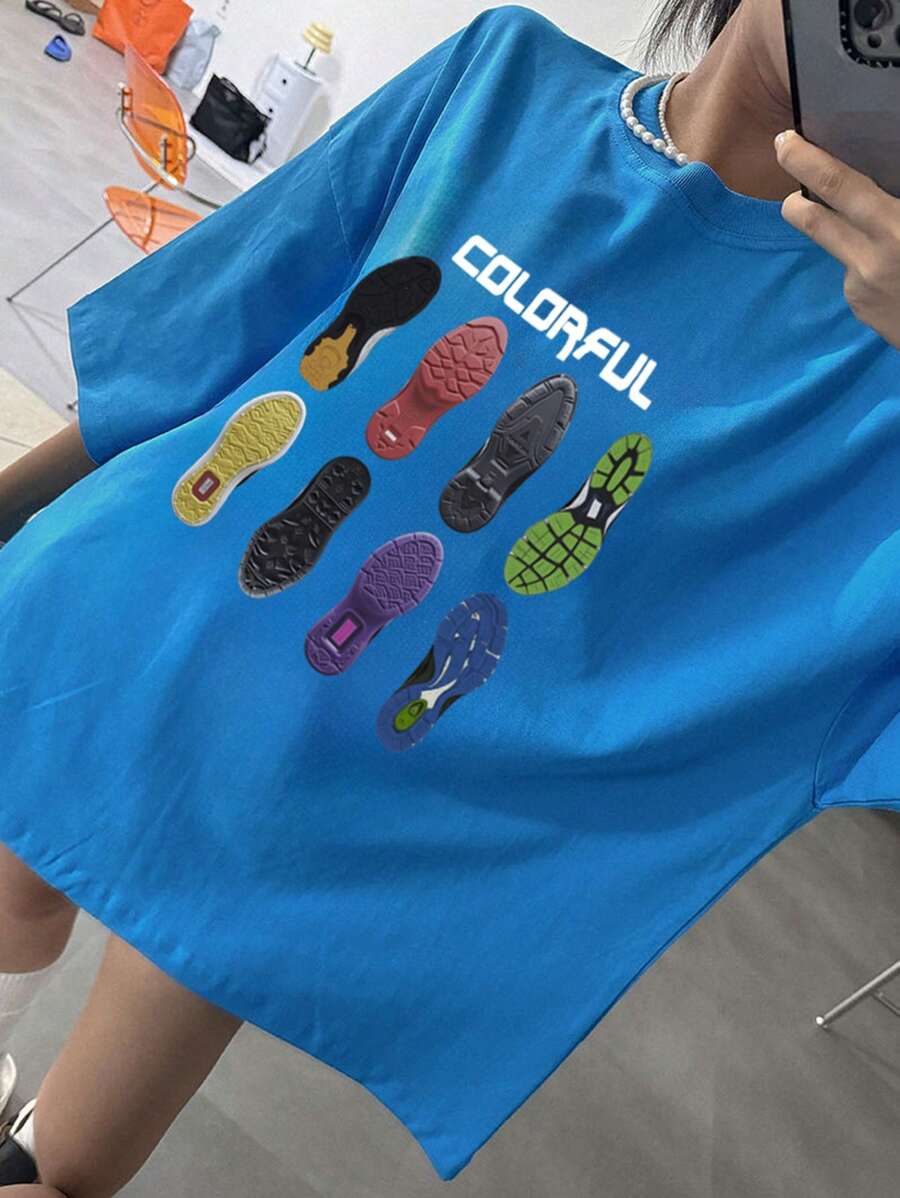 DAZY Women's Loose Pattern Printed Streetwear T-Shirt Graphic Tee - Blue - View 1