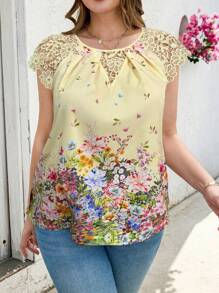 Reflora 加大码夏季花卉印花蕾丝拼布衬衫，奶油黄色 - 黃色 - 查看 5