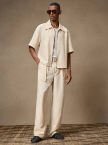 AKNOTIC Business Casual 2pcs/Set Men's Khaki Casual Loose Short Sleeve Shirt And Elastic Waist Straight Leg Pants Suit Set, Ideal For Summer, Vacation, Daily Wear, Party, Couple Outfit, Father's Day Gift - Khaki - View 2