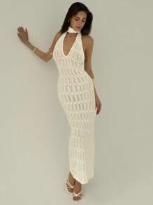 Aloruh Vestido de suéter para mujer con cuello en V profundo, espalda descubierta y diseño calado