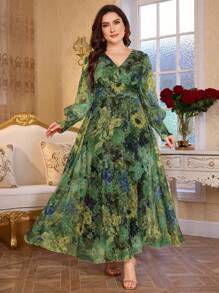 Modelyn 全新奢华优雅宽松V领长袖连衣裙 - 綠色 - 查看 3