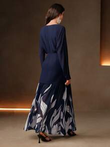 Anewsta Floral Print V-Neck Elegant Long Sleeve Ruffle Hem Dress - Navy Blue - View 2