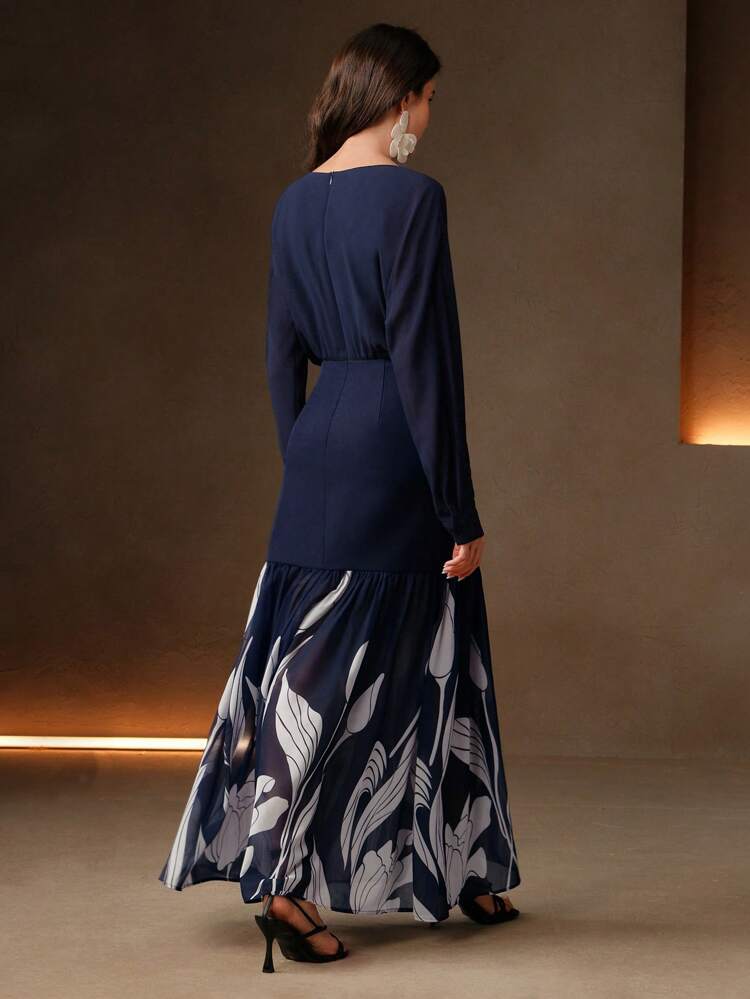 Floral Print V-Neck Elegant Long Sleeve Ruffle Hem Dress