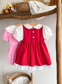 SHEIN 女婴复古华丽甜美可爱精致趣味刺绣草莓泡泡袖蝴蝶结公主裙，适合生日、度假、派对、表演、婚礼花童、春夏穿着 - 紅白色 - 查看 2