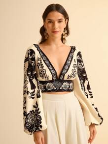 CAJUNI 女式波西米亚风格豹纹牡丹花卉印花褶皱长袖露背束腰防晒衬衫 - 彩色 - 查看 7