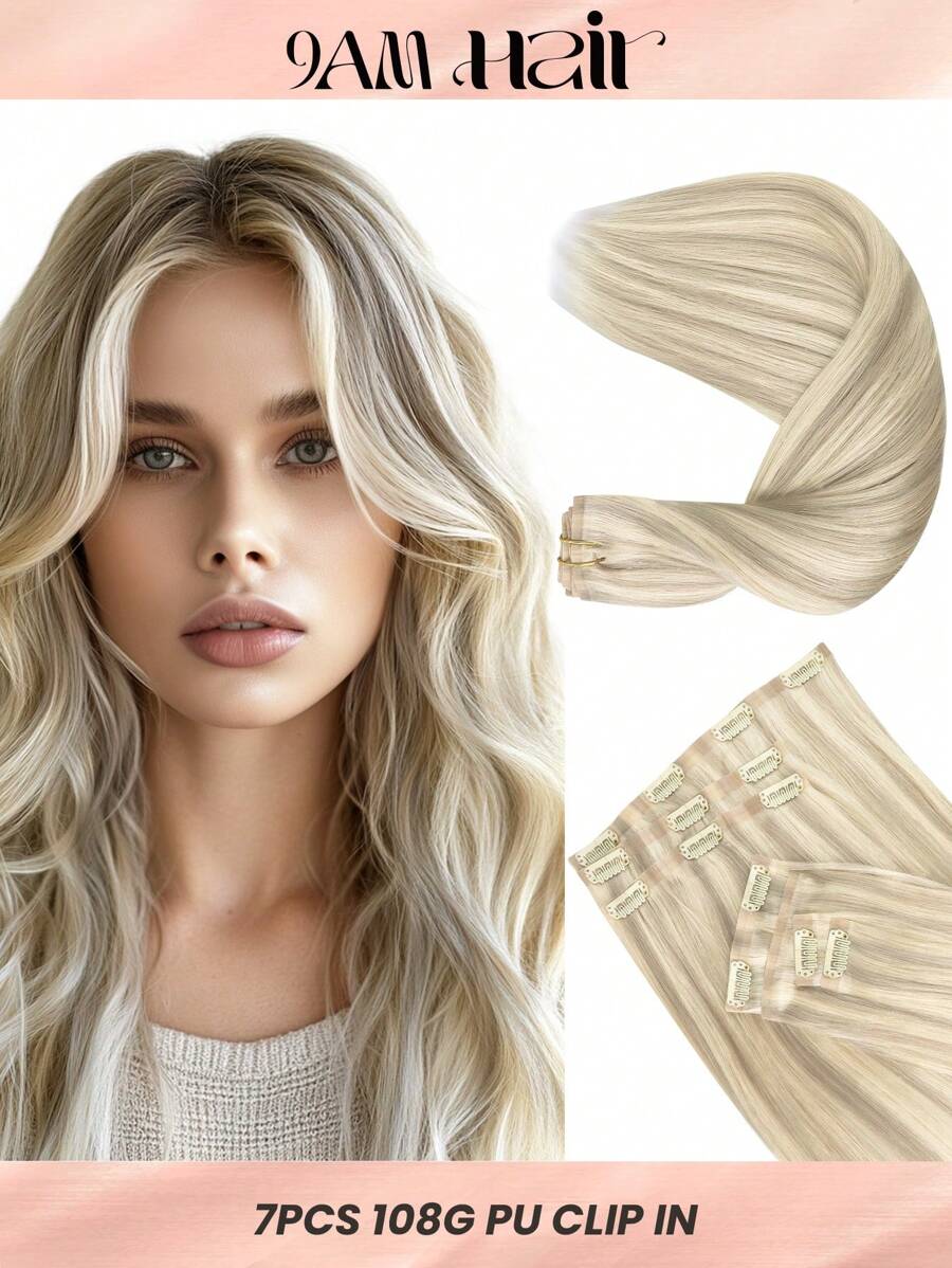 Seamless Clip Ins 7PCS Seamless PU Clip In Human Hair Extensions 100% Real Human Hair 14-22 Inch Balayage Ombre Blonde Color Skin Weft Remy Hair Extensions 110G With Clip - S17A/60A - View 1