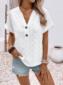 SHEIN LUNE Vacation Casual Solid Color Textured Notch Neck T-Shirt - White - View 5