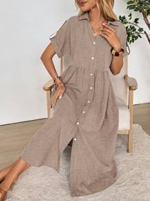 EMERY ROSE Women's Solid Color Cuffed Sleeve Single Breasted Casual Shirt Midi Dress,Shirt Dresses For Women