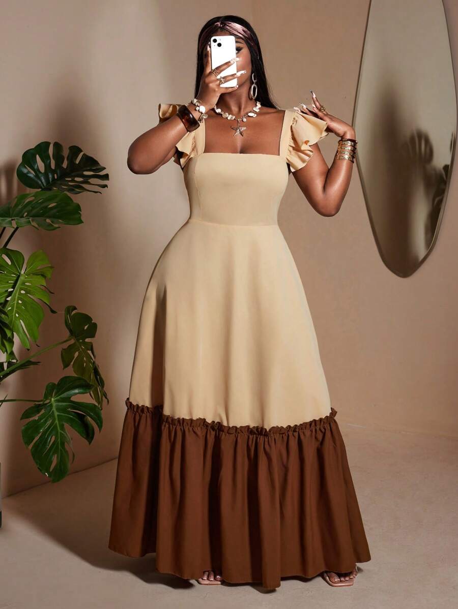 Maweii 夏季女士加大码宽松拼接休闲度假曲线女式长裙