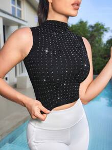 Slayoga Crop top senza maniche con collo alto, decorato con strass scintillanti, con effetto sportivo